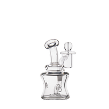 The MJ Arsenal Jammer Mini Dab Rig is a compact borosilicate glass piece with a curved mouthpiece, cylindrical body, and detachable dome-shaped carb cap, shown on a plain white background.