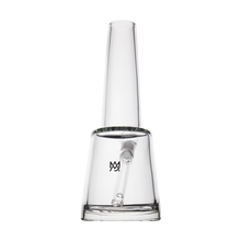 The MJ Arsenal Summit Bong is a clear borosilicate glass bong with a conical mouthpiece, cylindrical base, side hole, and small logo on the body, shown against a plain white background.