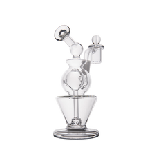 The MJ Arsenal Gemini Mini Dab Rig features clear borosilicate glass, a round chamber, angled mouthpiece, flat base, and side attachment for a modern look—ideal as a stylish and portable dab rig.