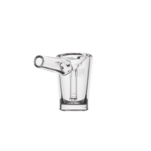 The MJ Arsenal Basin Bubbler is a clear borosilicate glass mini bubbler with a straight mouthpiece and cylindrical bowl. Featuring water filtration for smooth, durable hits, it’s photographed against a plain white background.