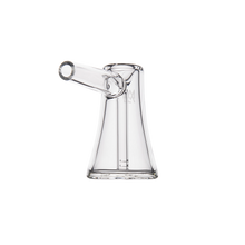 This portable MJ Arsenal Vulkan Bubbler features a clear borosilicate glass mouthpiece with a cone-shaped base and horizontal cylindrical spout, shown against a plain white background.