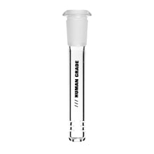 The Human Grade Downstems feature clear glass with a frosted top stopper, vertical "HUMAN GRADE" print, and three etched lines—ideal as a 10mm downstem or water pipe replacement.