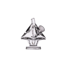 The MJ Arsenal King Bubbler is a clear borosilicate glass piece shaped like a small sailboat with a wide base, angled stem, and side circular opening, designed for water filtration. Displayed against a plain white background.