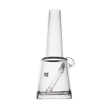 The MJ Arsenal Summit Bong, made from clear borosilicate glass, features a conical mouthpiece, cylindrical base, angled downstem for smooth filtration, and a small side handle; shown on a plain white background.