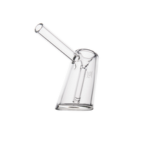 The MJ Arsenal Fulcrum Bubbler showcases clear borosilicate glass with a slanted base and angled mouthpiece, elegantly presented on a plain white background.