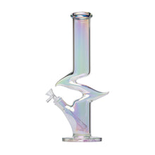 The Human Grade Iridescent Zing Water Pipe, made from borosilicate glass, has a twisted Z-shaped design and stands upright on a flat base against a white background.