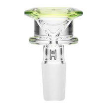 The Human Grade Bulb Glass Bowl Slide features clear borosilicate glass, a green-tinted rim, bulb flower bowl design, frosted 14mm joint, and side logo—making it a stylish accessory for your bong or water pipe.