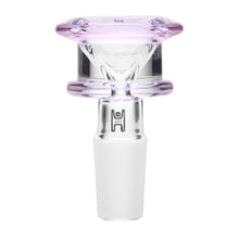 The Human Grade Bulb Glass Bowl Slide features clear borosilicate glass with a subtle purple-tinted rim, a wide top, frosted 14mm joint, and a small side logo—designed for water pipes or bongs.