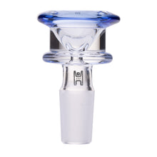 The Human Grade Bulb Glass Bowl Slide features clear borosilicate glass, a blue-tinted rim, frosted base, printed logo, and fits 10mm or 14mm joints—ideal for water pipes or bongs.