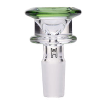 The Human Grade Bulb Glass Bowl Slide features clear borosilicate glass, a wide green-rimmed top, and a frosted 14mm joint base, designed for use with any compatible water pipe or bong.