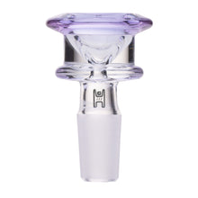 The Human Grade Bulb Glass Bowl Slide 10mm/14mm is a clear borosilicate glass bowl with light purple accents, a frosted 14mm male joint, and the JEG logo engraved on the side, shown against a white background.