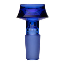 The Human Grade Cauldron Glass Bowl Slide 10mm/14mm is a blue borosilicate glass water pipe accessory, featuring a flared top and frosted base, displayed against a white background.