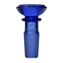 The Human Grade Saucer Glass Bowl Slide 10mm/14mm is a blue borosilicate glass bowl with a wide rim, frosted base, simple saucer design, and a small engraved logo on the neck. Compatible with 10mm or 14mm water pipes.