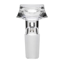 The Human Grade Cauldron Glass Bowl Slide 10mm/14mm is a clear borosilicate glass piece with a wide rim, frosted stem, and small raised design on the neck, often used as a bong or water pipe accessory.