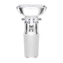 The Human Grade Saucer Glass Bowl Slide 10mm/14mm is a clear borosilicate glass bowl with a wide, round saucer design, frosted lower section, and black accent; fits most 10mm or 14mm water pipes.