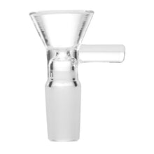 The Human Grade Standard Glass Bowl Slide 10mm/14mm is a clear borosilicate flower bowl with a funnel-shaped top and side handle, designed to fit most 14mm water pipes and commonly used with bongs.
