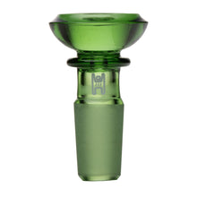 The Human Grade Saucer Glass Bowl Slide 10mm/14mm is made of translucent green borosilicate glass, has a wide rounded top with frosted lower section, saucer bowl design, fits 10mm or 14mm water pipes, and features a small logo on the neck.