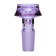 The Human Grade Cauldron Glass Bowl Slide 10mm/14mm is a translucent, purple-tinted borosilicate glass accessory with a wide cauldron-style top and tapered frosted base, shown isolated on a white background.
