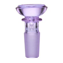 The Human Grade Saucer Glass Bowl Slide 10mm/14mm is a translucent light purple borosilicate glass bowl with a frosted base and saucer design, made for 10mm or 14mm water pipes or bongs, shown on a white background.