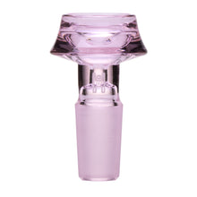 The Human Grade Cauldron Glass Bowl Slide 10mm/14mm is a pink borosilicate glass bowl with a frosted base, featured as a stylish water pipe accessory or cauldron bowl, photographed on a white background.