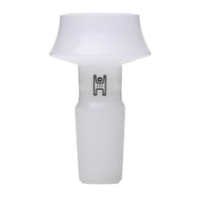 The Human Grade Cauldron Glass Bowl Slide 10mm/14mm is a white, opaque borosilicate adapter with a wide flared top, narrow cylindrical base, and features a simple black stylized human figure logo on its upper section.