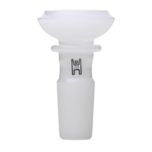 The Human Grade Saucer Glass Bowl Slide features a classic white borosilicate saucer design with a wide top, narrow base, and small black logo. It fits 10mm/14mm water pipes.