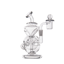 The MJ Arsenal Infinity Mini Dab Rig is a clear borosilicate glass water pipe featuring a spherical base, curved neck, and attached bowl and mouthpiece, shown against a plain white background.