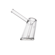 The MJ Arsenal Fulcrum Bubbler is a clear borosilicate glass pipe with an angled base and straight mouthpiece, shown upright on a white background.