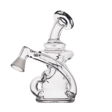 The MJ Arsenal Hydra Vape Edition is a clear glass mini dab rig featuring a curved neck, multiple twists and loops, artistic design, tilted mouthpiece, splash-resistant bubbler function, and a side bowl attachment.