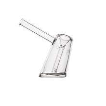 The MJ Arsenal Fulcrum Bubbler, made of clear borosilicate glass with a slanted base and straight mouthpiece, is shown on a plain white background.