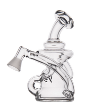 The MJ Arsenal Hydra Vape Edition is a clear glass mini dab rig with a curved neck, angled mouthpiece, and intricate tubing. This splash-resistant bubbler is empty and displayed on a plain white background.
