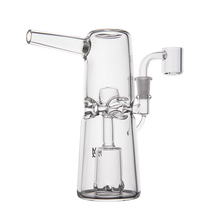 The MJ Arsenal Turret Mini Dab Rig features a clear borosilicate glass body with a cylindrical base, angled mouthpiece, artistic loops, internal percolator, and side attachment for your bowl or nail—perfect for stylish sessions.