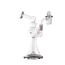 The MJ Arsenal Apollo Mini Dab Rig is a sleek, modern piece made from durable borosilicate glass, featuring a wide base, curved neck, and integrated bowl and banger for great flavor retention. Shown on a plain white background.