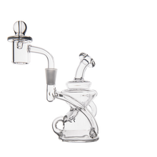 The MJ Arsenal Hydra Mini Dab Rig is a clear glass recycler with intricate curves and chambers, featuring a quartz banger and dome-shaped carb cap, showcased against a plain white background.