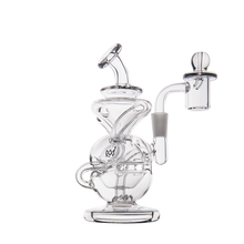 The MJ Arsenal Infinity Mini Dab Rig is a clear borosilicate glass piece with an intricate looping design, round base, angled mouthpiece, and a side-mounted banger attachment, displayed on a plain white background.