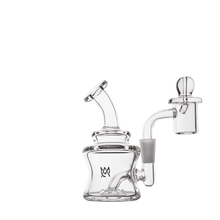 The MJ Arsenal Jammer Mini Dab Rig is a clear borosilicate glass piece featuring a curved mouthpiece, wide base, and attached banger with carb cap, shown on a plain white background.