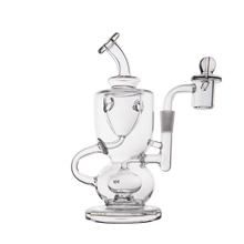 The MJ Arsenal Titan Mini Dab Rig, made of clear borosilicate glass with multiple chambers, a curved mouthpiece, and a side percolator attachment, is shown on a plain white background.