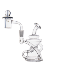 The MJ Arsenal Hydra Mini Dab Rig, a clear glass recycler with a rounded base, angled neck, side handle, and attached domed nail for concentrates, is shown against a plain white background.