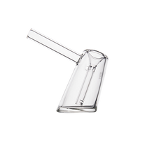 A clear borosilicate glass smoking pipe, featuring a cylindrical stem and angled base like the MJ Arsenal Fulcrum Bubbler, is shown against a plain white background.