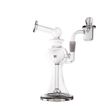 The MJ Arsenal Apollo Mini Dab Rig is a clear borosilicate glass piece with a curved neck, round base, and side arm for flavor preservation. It features a sturdy flat base and detachable handled bowl, perfect for smoking or vaporizing.