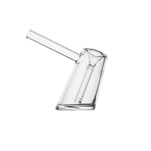 The MJ Arsenal Fulcrum Bubbler, made from clear borosilicate glass, features an angled base and cylindrical mouthpiece, shown against a white background.
