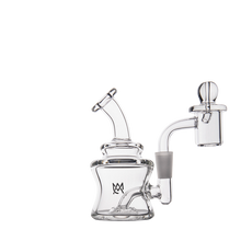 The MJ Arsenal Jammer Mini Dab Rig is a clear borosilicate glass dab rig featuring a bent neck, sidecar mouthpiece, rounded base, and dome-shaped attachment, shown on a white background.