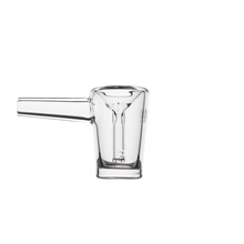 The MJ Arsenal Basin Bubbler, made of clear borosilicate glass with a straight side-handle design, stands against a white background. Its modern, minimalist look is inspired by compact bubbler water filtration pieces.