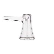The MJ Arsenal Vulkan Bubbler is a clear borosilicate glass bubbler with a wide conical base and a horizontal cylindrical spout, shown against a plain white background.