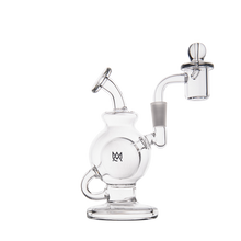 The MJ Arsenal Atlas Mini Dab Rig is a compact borosilicate glass piece with a round chamber, angled mouthpiece, and attached bowl, shown against a plain white background.