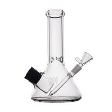 The MJ Arsenal Cache Bong is a clear borosilicate glass piece with a wide base, straight neck, and angled bowl, designed for smoking. Shown on a white background.
