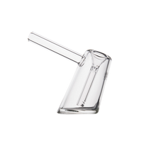 The MJ Arsenal Fulcrum Bubbler, made of clear borosilicate glass with a cylindrical body and angled mouthpiece, is photographed against a plain white background.