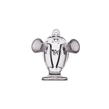 The MJ Arsenal Dubbler Original Double Bubbler, made of clear borosilicate glass with frosted ends and resembling a fire hydrant, features two side nozzles and a central top opening for smooth water filtration, shown on a white background.