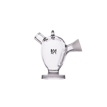 The MJ Arsenal Martian Original Blunt Bubbler, made of clear glass with a spout, handle, and base plus a small black logo in the center, is shown against a white background. Ideal for smooth water filtration.