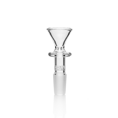 The 5x Grav Funnel Bowl 14/18mm features clear, conical glass with a wide top and frosted joint, ideal for water pipes or bongs. Set of five bowls shown on a clean, white background.